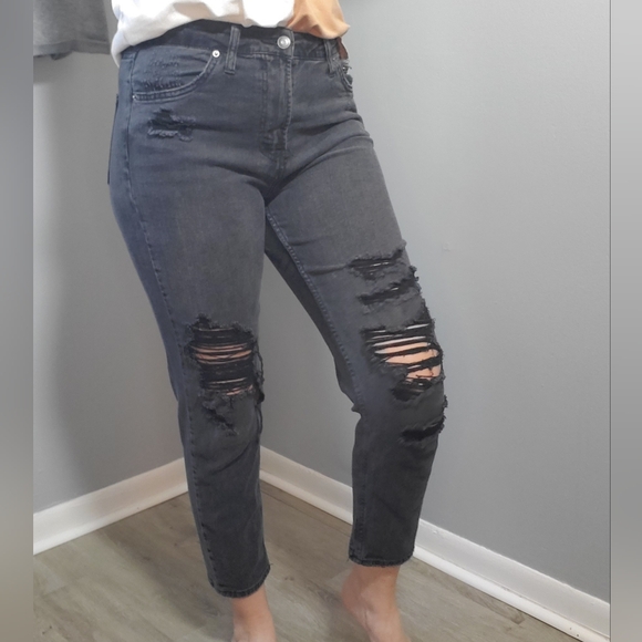 High Rise Mom Distressed Jeans- Womens Black - Picture 1 of 7